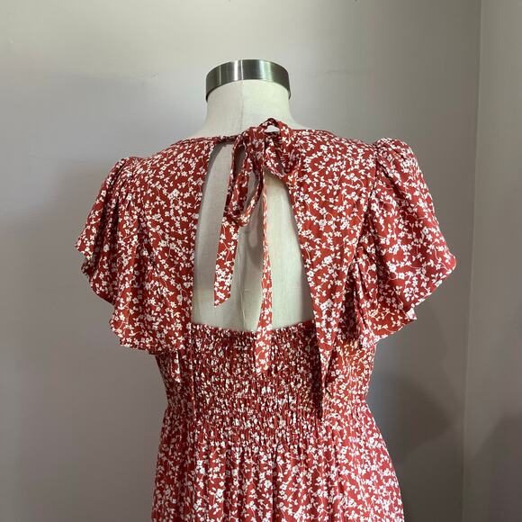 Old Navy White & Orange Floral Ruffle Sleeve Smocked Bodice Midi Dress Sz M - Picture 6 of 9